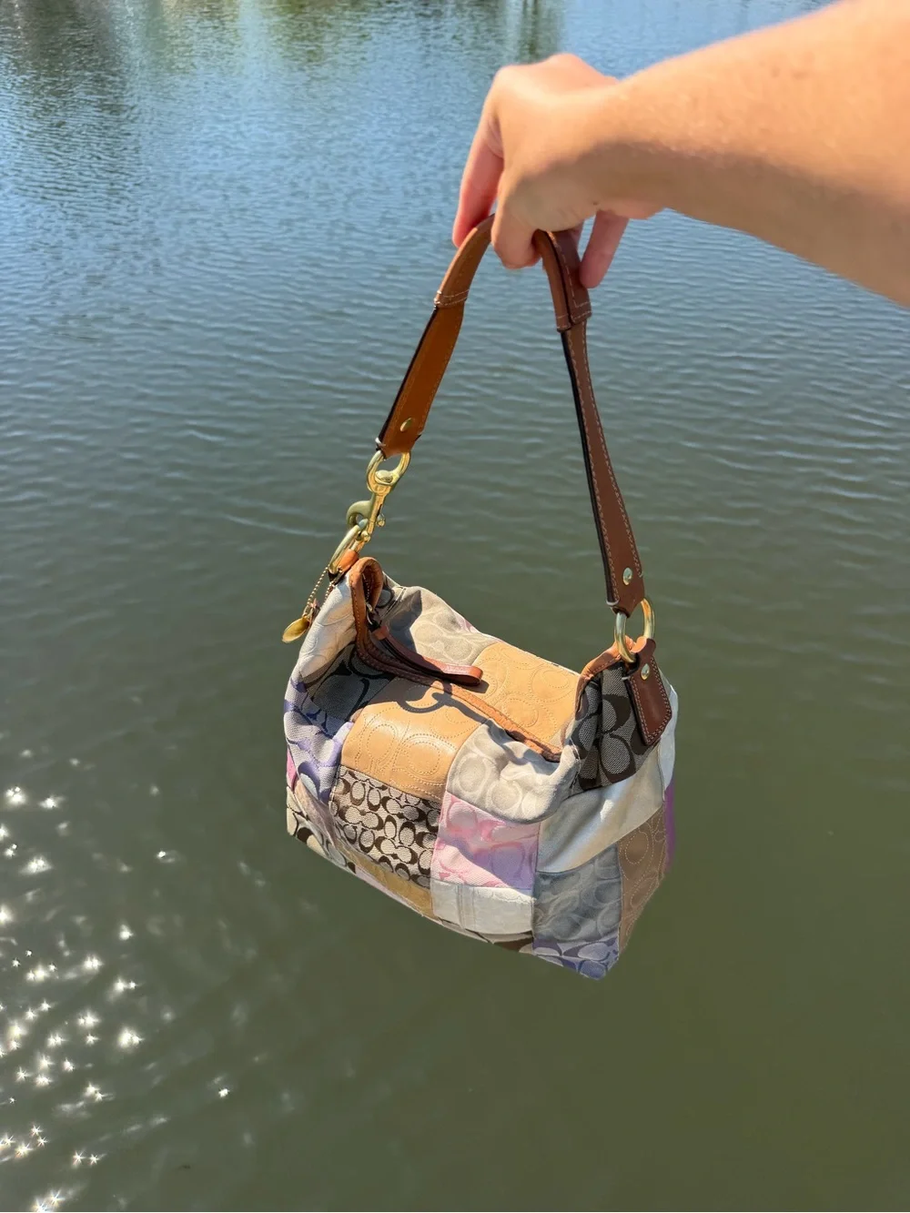 Coach Multicolor Patchwork Shoulder Bag in Pink, Tan, Cream, Brown, Purple